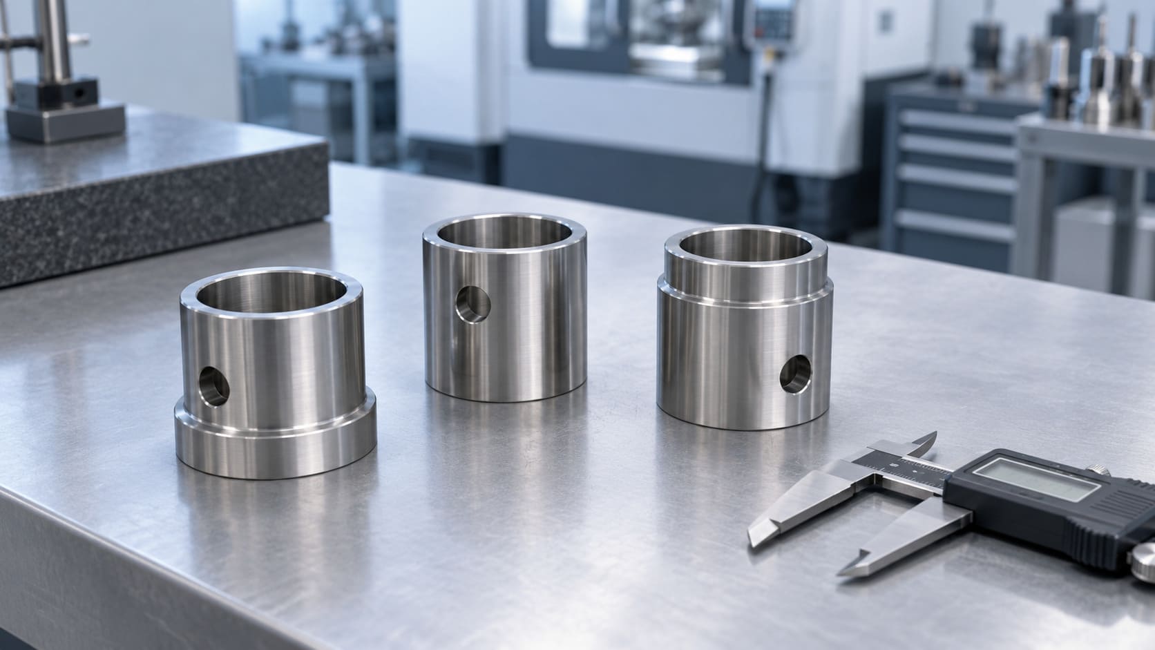 Three machined sleeve variants with different shoulders and side holes.