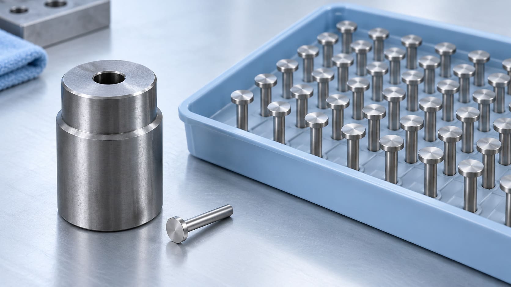 Illustrative die insert beside a tray of repeated steel headed pins.