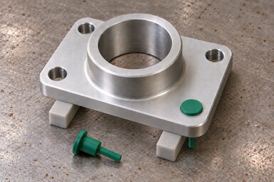 AI-generated illustration of a rectangular-flanged aluminium carrier on two plain, light-coloured support bars. A green flanged pull-through plug covers one corner fixing hole, with its narrow pull-tail clear of the support and bench. A matching loose plug lies in front. The central bore and three other fixing holes remain open.