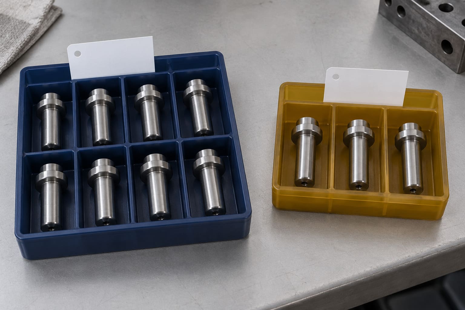 Illustration of turned steel pins separated into blue and amber compartmented trays with blank identification cards.