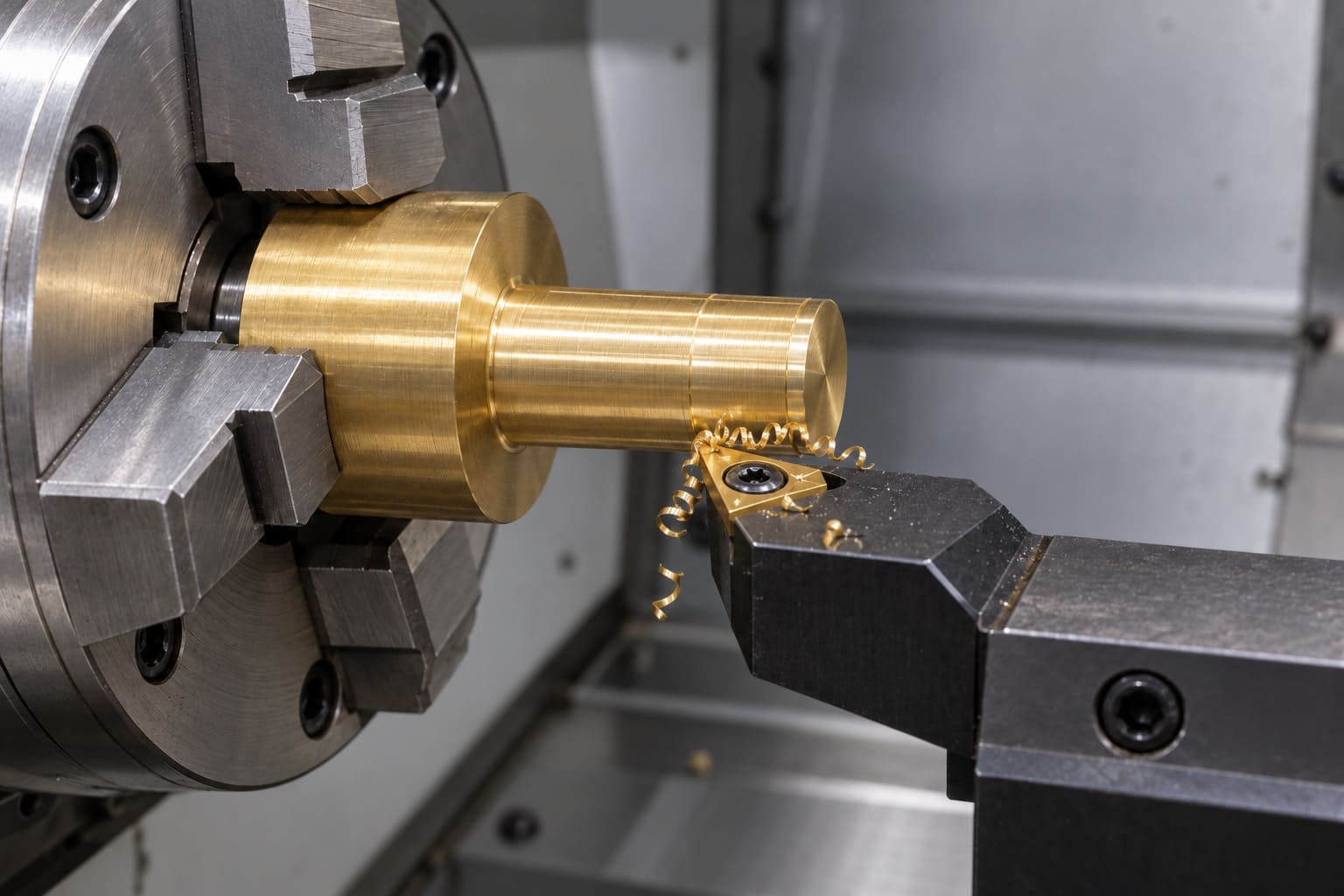 AI-generated illustration of a solid brass stepped shaft gripped in a three-jaw chuck, with a carbide turning insert contacting the outside cylindrical surface.
