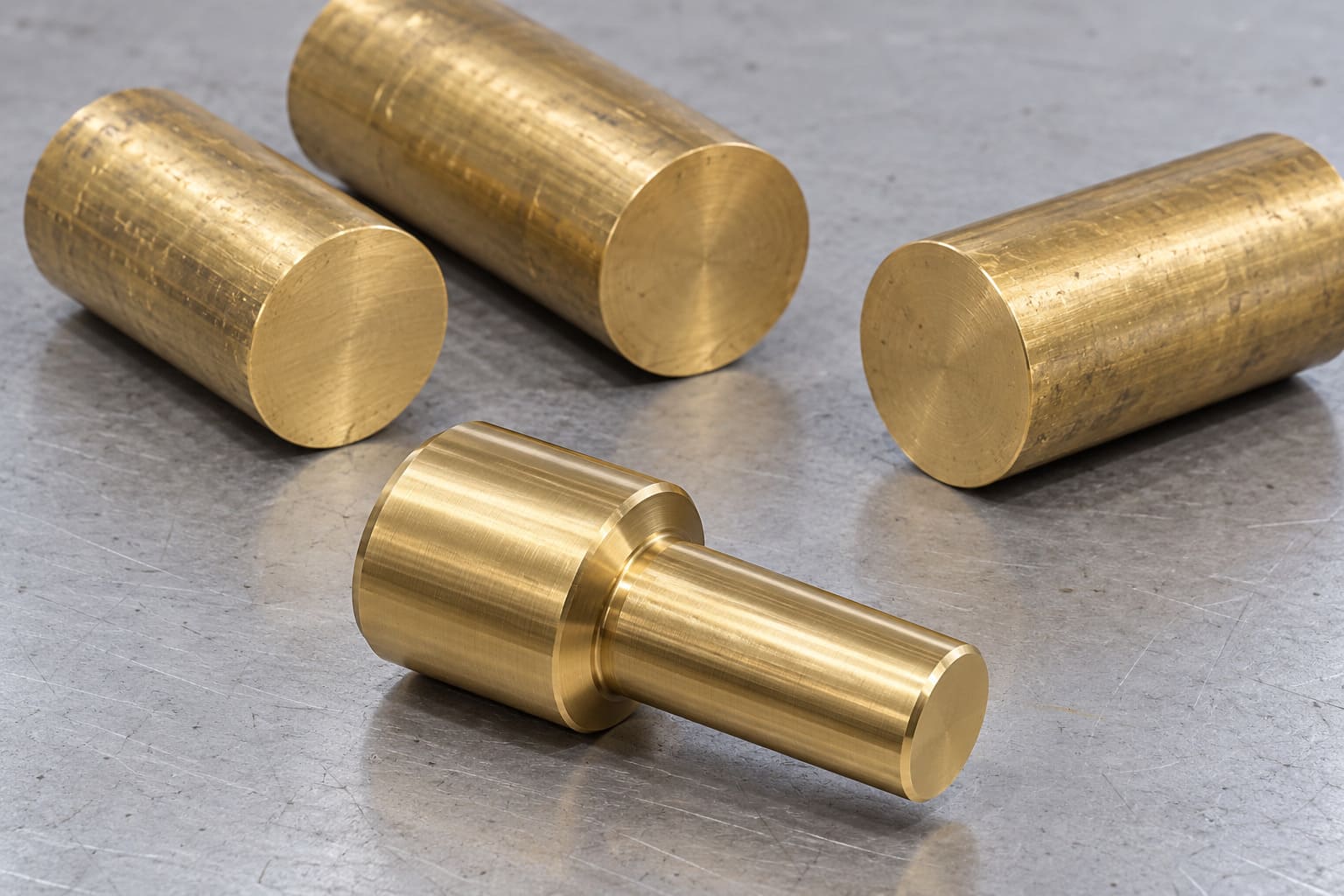 AI-generated illustration of three solid yellow brass round-bar blanks with visible closed end faces beside a finished solid stepped shaft.