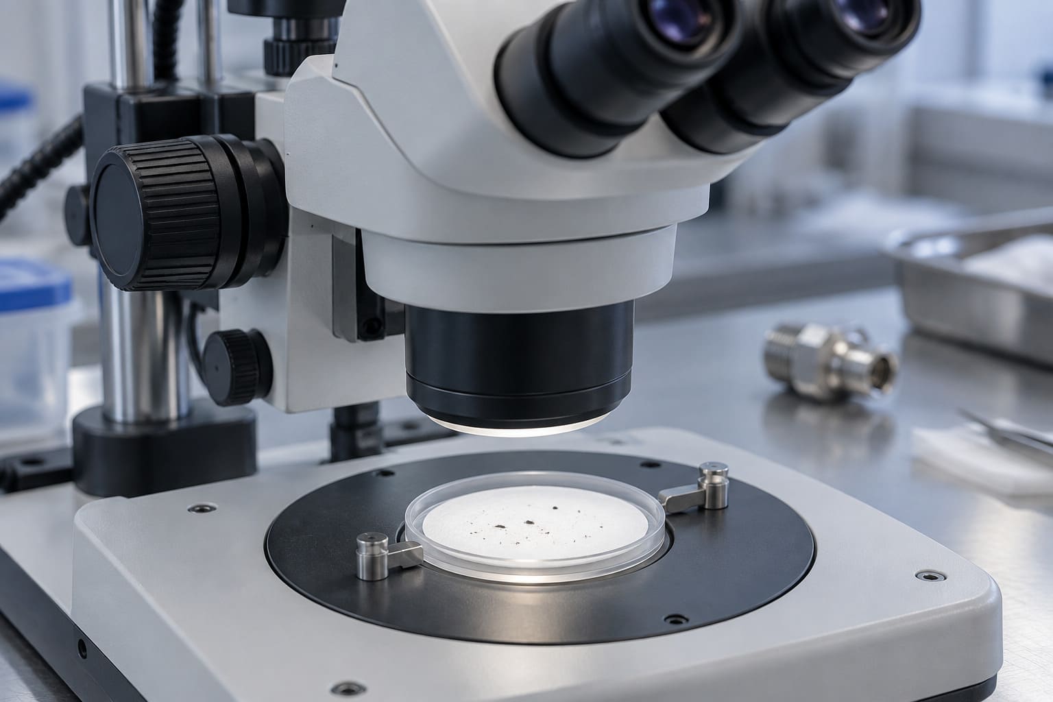 Illustration of a stereo microscope above a circular filter membrane on a laboratory specimen stage.