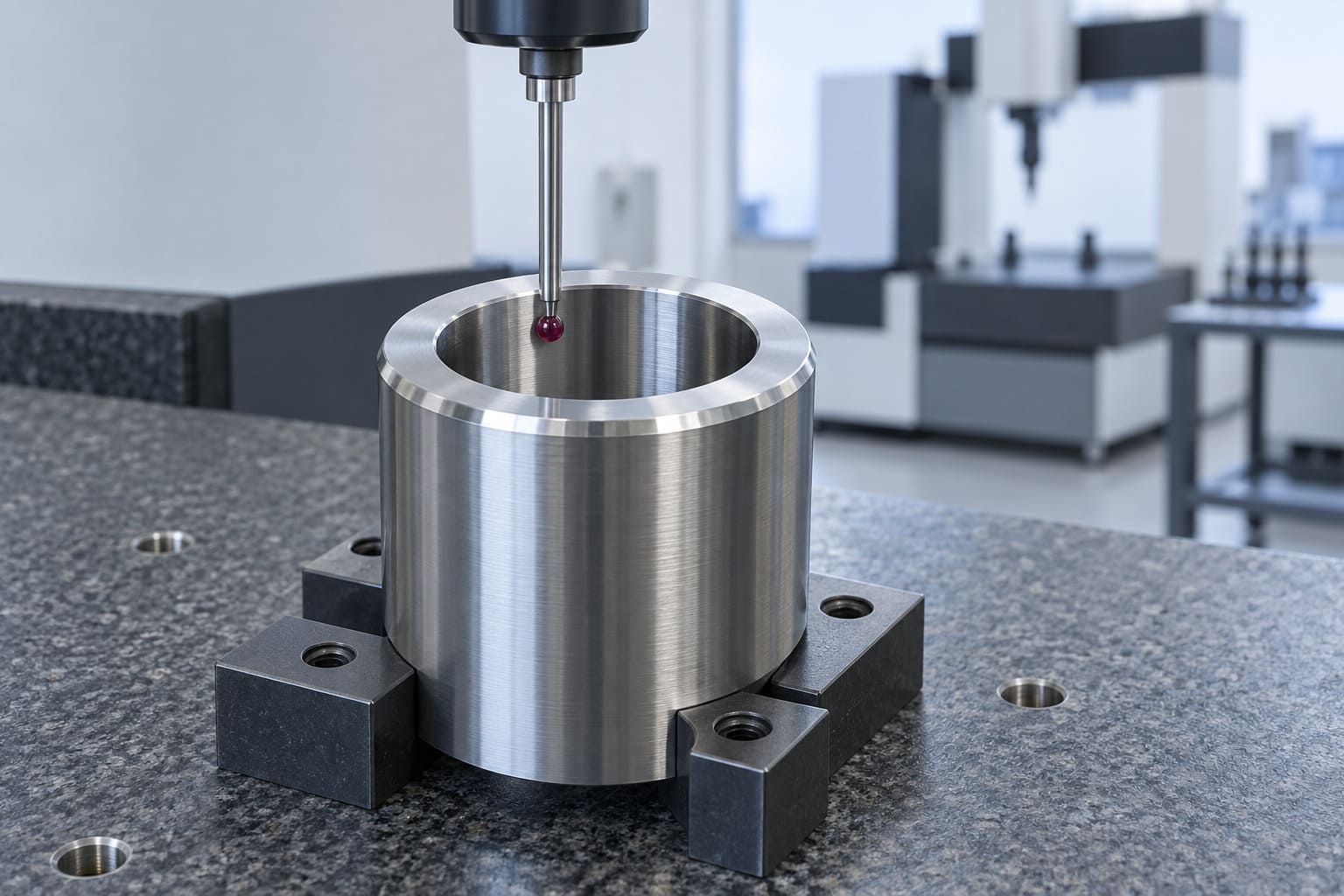 Illustration of a coordinate measuring machine probe checking the bore of a fixtured steel sleeve.