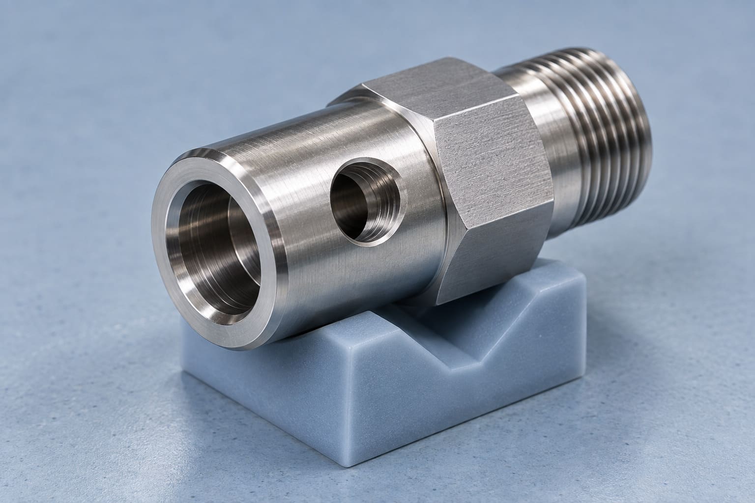 Illustration of a machined steel connector with an axial bore, side port and external thread on a blue support.