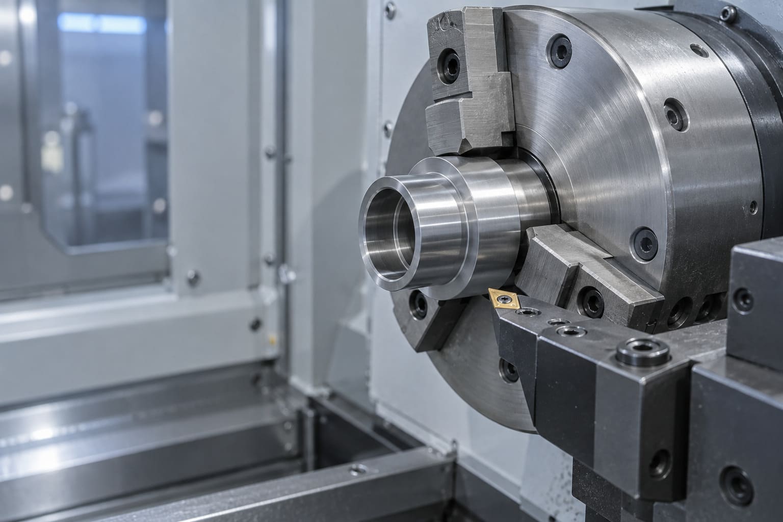 Illustration of a stepped steel sleeve held in a CNC lathe chuck beside a turning tool.