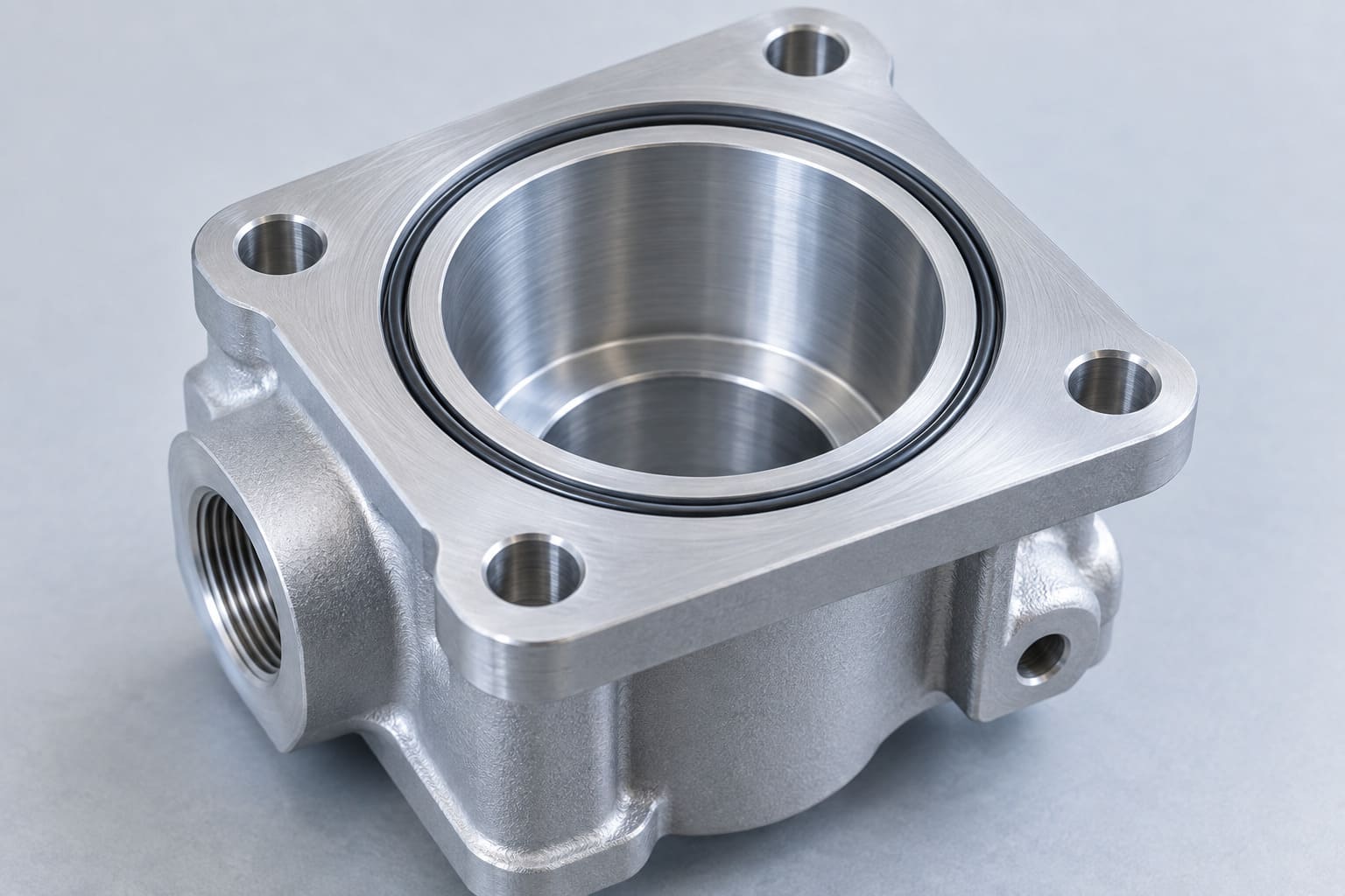 Illustrative aluminium housing with machined flange, bore and O-ring groove