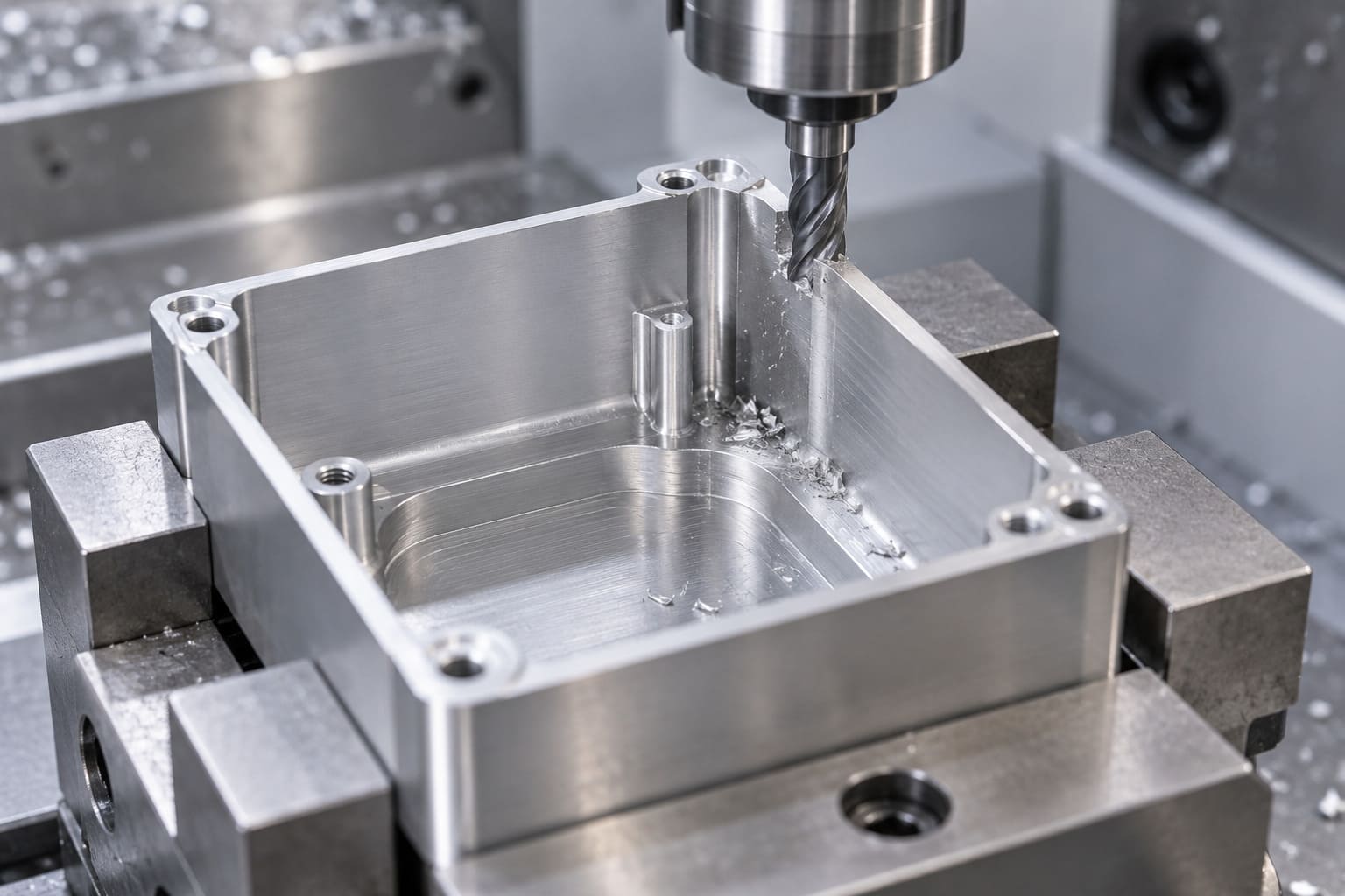 Illustrative milling setup for a thin-wall aluminium housing
