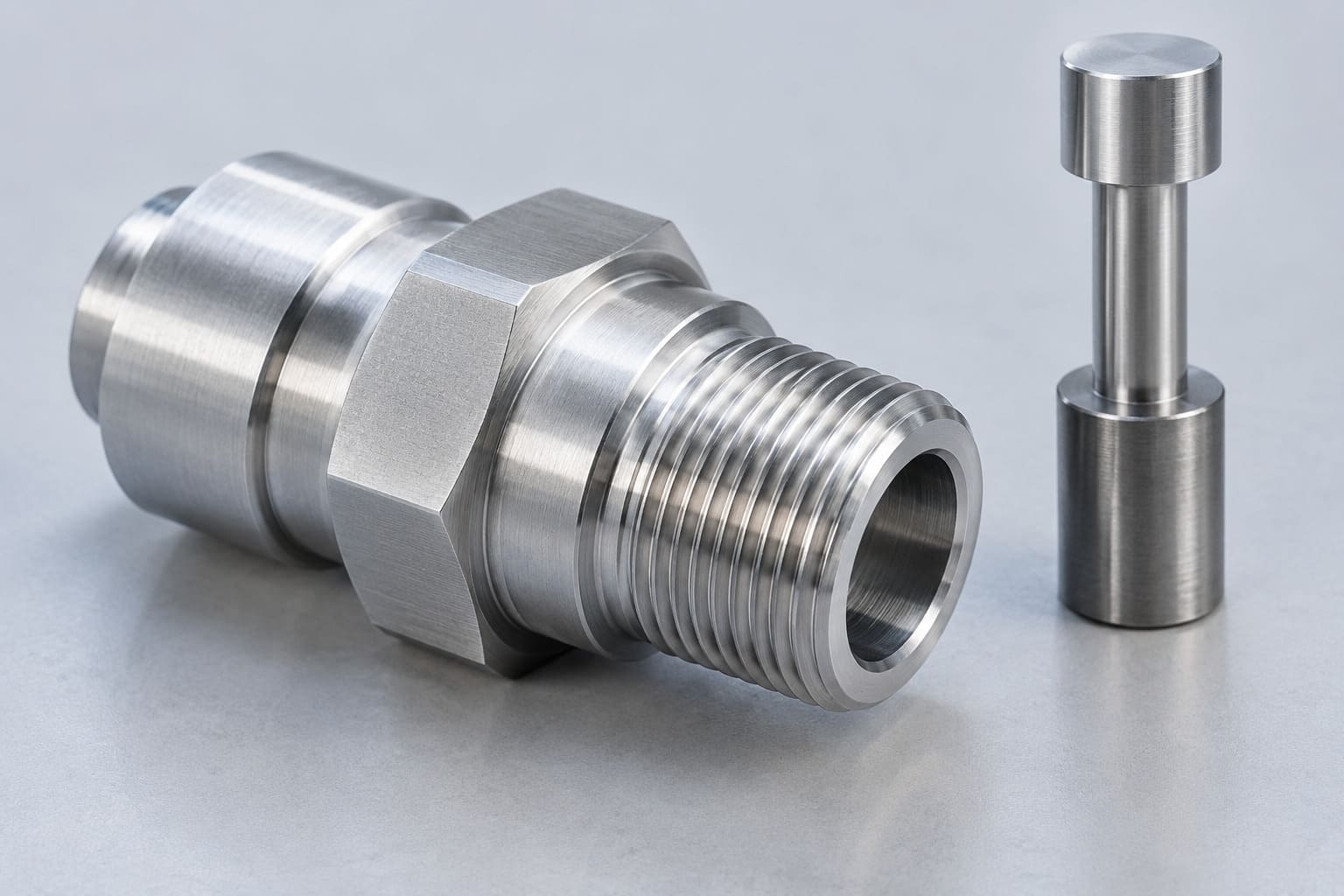 Illustrative turned aluminium connector with threads, shoulder and axial bore